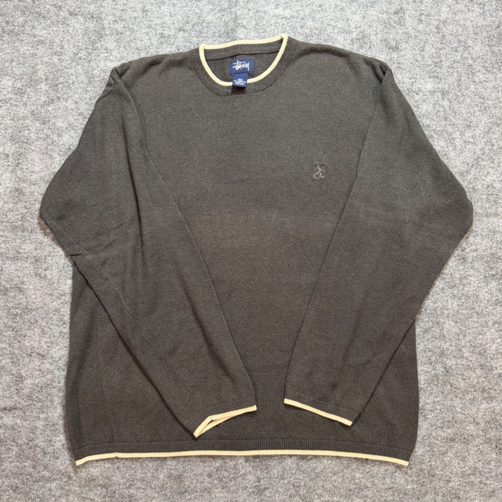 Vintage 90s Stussy Mens XL Brown Cotton Knit Crewneck Sweater Embroidered Lion
